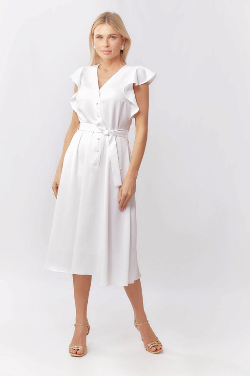 Платье отрезное по талии с рукавами-крылышками и струящейся юбкой из легкого тенселя в белом цвете - Serginnetti фото 6