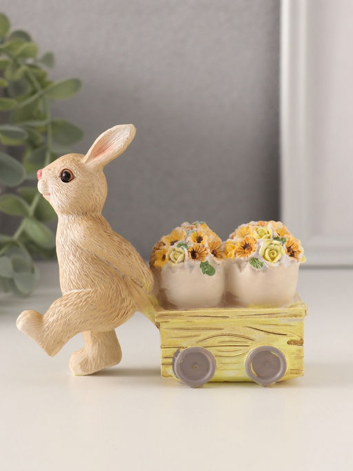 Фигурка полистоун Зайчик везёт цветочные горшки на тележке, 11?4?10 см