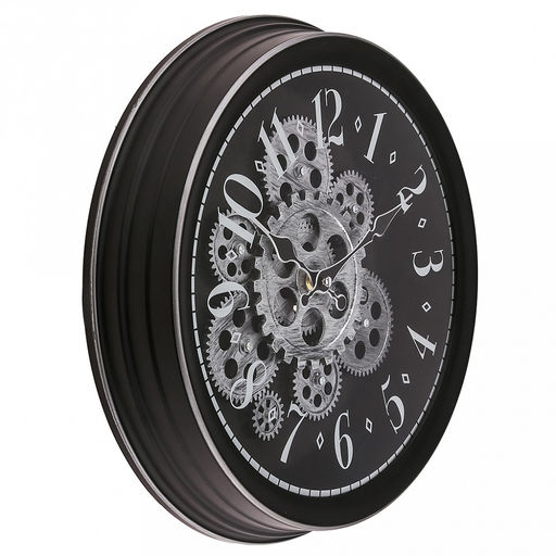 Часы настенные Механика д32см, h6,6см, циферблат Шестеренки вращающиеся, черный/потертое серебро; цифры арабские поверх стекла, серебристый; корпус пластик, черный; в лотке (Китай) - Домашняя мода фото 2