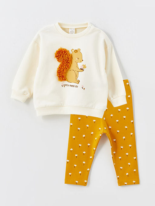 Bisiklet Yaka Uzun Kollu Bask?l? K?z Bebek Sweatshirt ve Tayt 2li Tak?m
