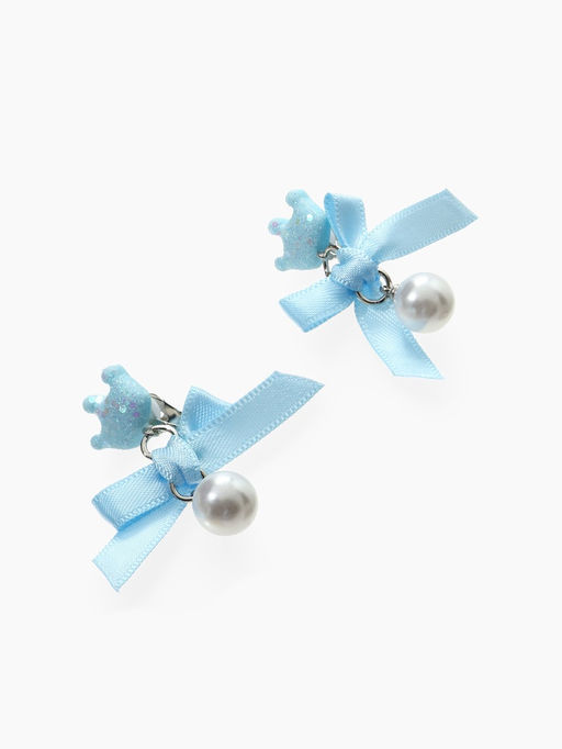 Серьги-клипсы детские «Выбражулька» корона с бантом и жемчужиной, голубой-белые