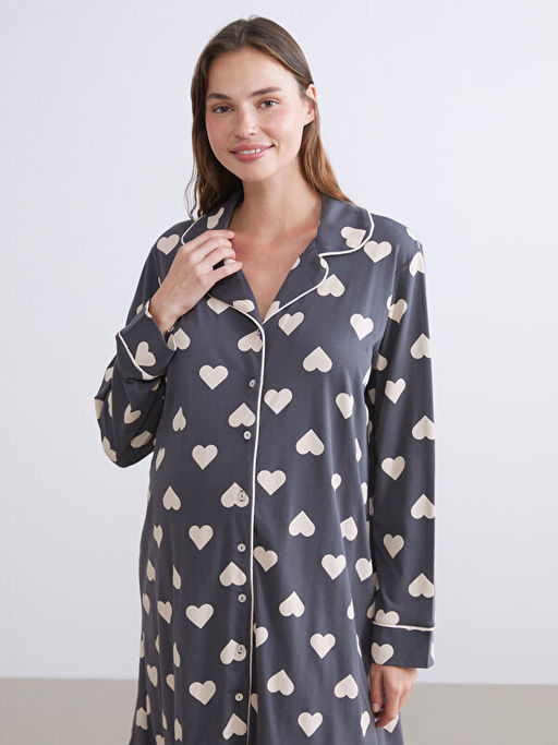 G?mlek Yaka Kalp Desenli Hamile Gecelik