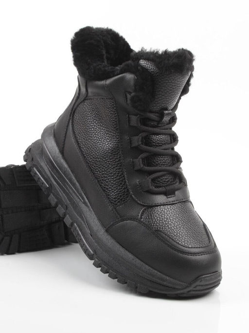 04-WG044-1M BLACK Кроссовки зимние женские (натуральная кожа, 100% шерсть)