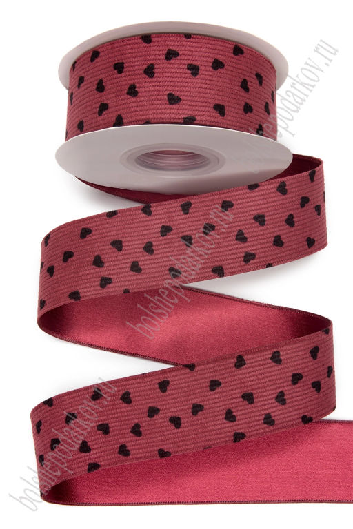 Лента вельвет/атлас "Сердечки" 3,8 см*10 ярд (SF-8058) бордовый №4