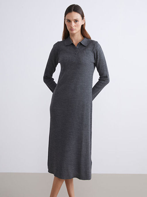 Polo Yaka Fitilli Triko Elbise