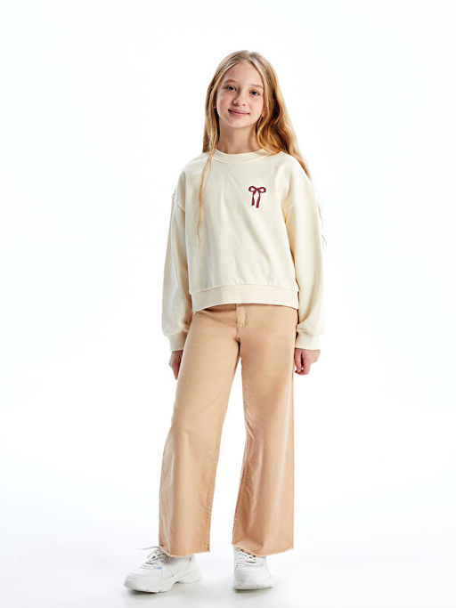 Bisiklet Yaka Kurdele Bask?l? K?z ?ocuk Kal?n Crop Sweatshirt