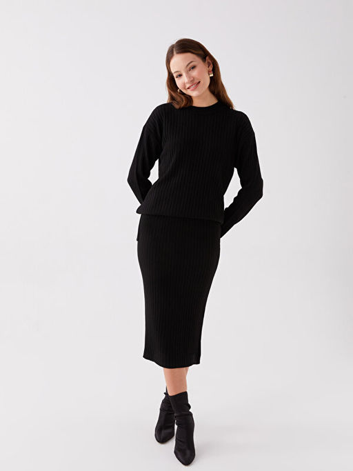 Kad?n Beli Lastikli D?z Triko Etek