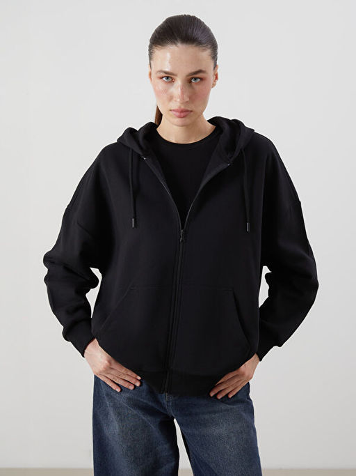 Kap??onlu Oversize Kad?n Kal?n Fermuarl? Sweatshirt
