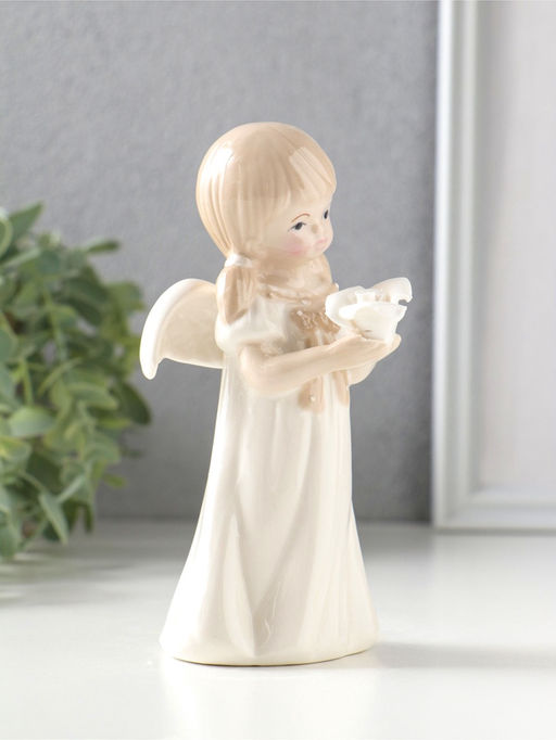 Сувенир керамика "Девочка-ангел с хвостиками в белом платье с розой в руках" 7х7х14,2 см