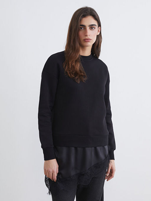 Dantel Detayl? Oversize Kad?n Kal?n Sweatshirt