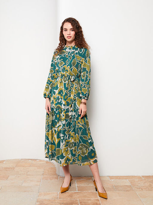 F?rf?rl? Dik Yaka Desenli Uzun Kollu Elbise