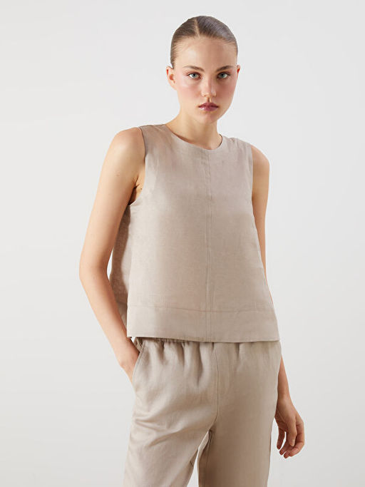 Bisiklet Yaka %100 Keten Bluz