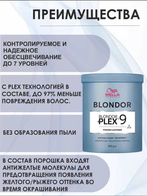 Обесцвечивающая пудра без образования пыли Blondor Plex, 800 гр Wella Professionals  фото 3