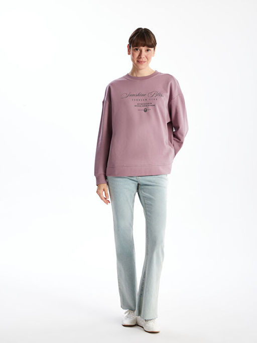 Bisiklet Yaka Bask?l? Oversize Kad?n Sweatshirt