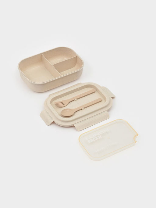 Ланч-бокс , 3 отделения, вилка и ложка, размер 22х16х6,5 см, цвет бежевый