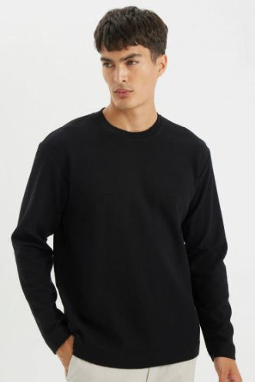Regular Fit Bisiklet Yaka Waffle Basic Duz Uzun Kollu Tisort