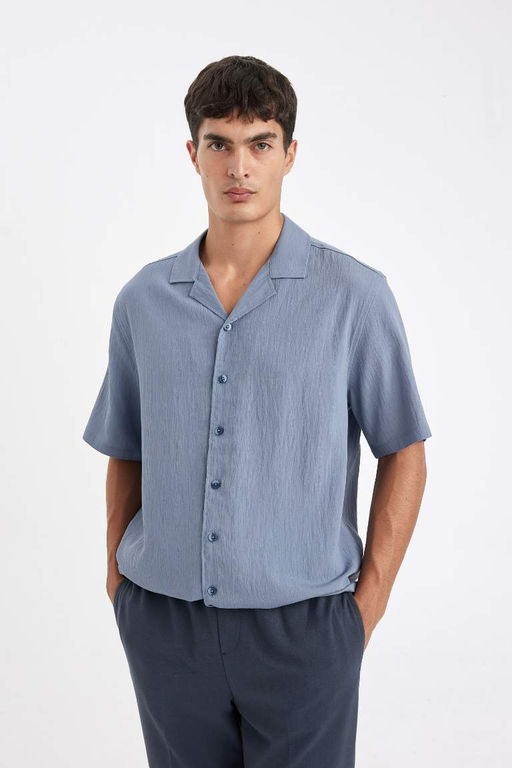 Рубашка с короткими рукавами и жатым воротником-поло Relax Fit - Defacto фото 3