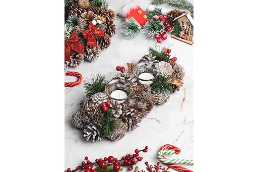 Новогоднее украшение подсвечник 33*15*8 см Зимняя вишня на 2 свечи, прямоугольный