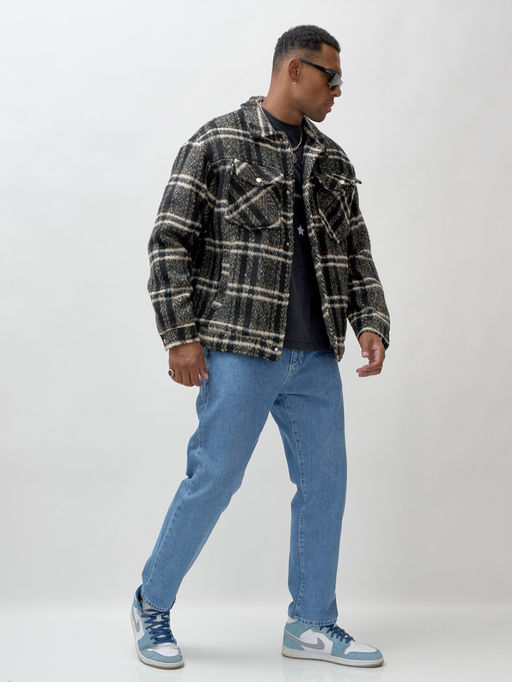 Куртка рубашка шерстяная в клетку мужская демисезонная черного цвета 58596Ch