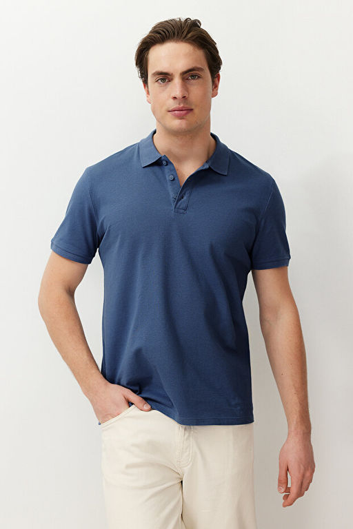 Indigo Regular/Normal Kesim Dokulu Polo Yaka T-Shirt TMNSS24PO00043 - Trendyolmilla фото 2