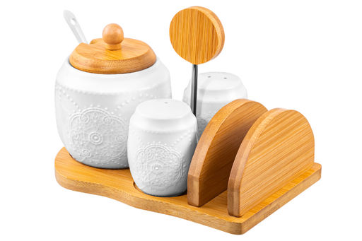 Набор - сахарница 350 мл Жемчуг с ложкой + солонка + перечница + салфетница на дер.подст.с ручкой - Elan gallery фото 4