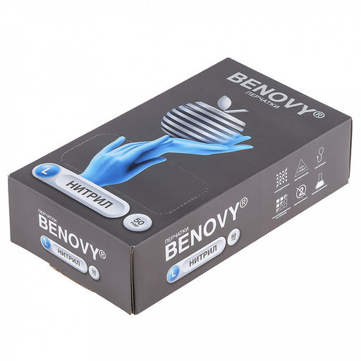 Перчатки медицинские смотровые нитриловые неопудренные нестерильные одноразовые "Benovy" L, текстурированные, гипоаллергенные, манжета закатана в венчик, голубой, ГОСТ Р 52239-2004 (Китай) В упаковке 50 пар