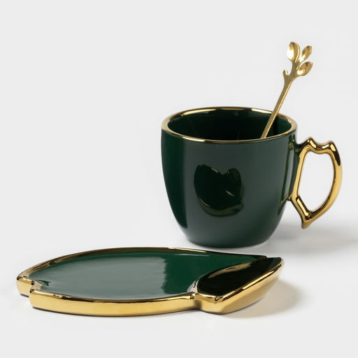 Чайная пара «Ливона», 3 предмета: чашка 160 мл, блюдце, ложка, керамика, изумрудная