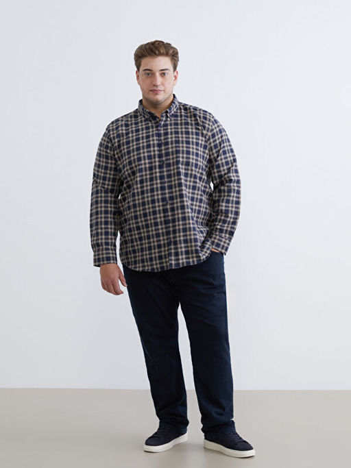 B?y?k Beden Regular Fit Uzun Kollu Ekose Gabardin Erkek G?mlek