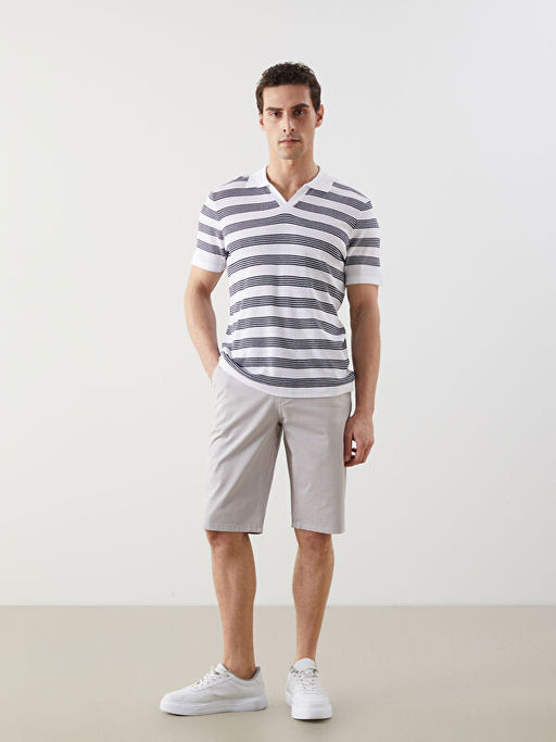 Polo Yaka ?izgili Erkek Dokulu Triko Kazak