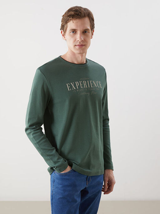 Bisiklet Yaka Uzun Kollu Bask?l? Erkek Sweatshirt