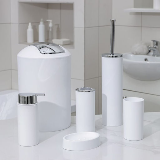 Аксессуары для ванной SAVANNA Сильва, 6 предметов, дозатор, мыльница, 2 стакана, ёршик, ведро, белые  фото 4