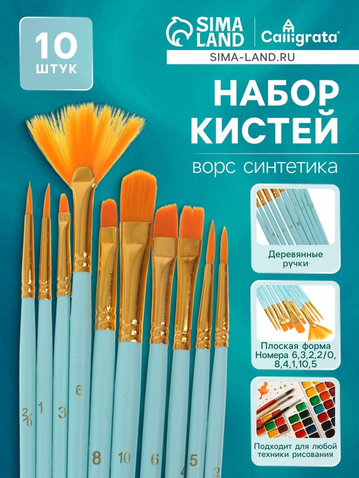 Набор кистей синтетика, 10 штук (№2/0.1.3.6.8.10.6.4.5.2), в блистере, (международный размер)