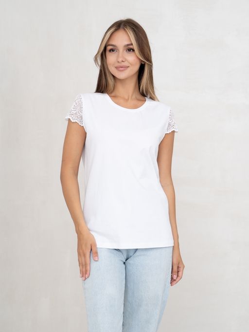 Футболка с кружевом .хлопок 95%, лайкра 5%,белая - Binita фото 3