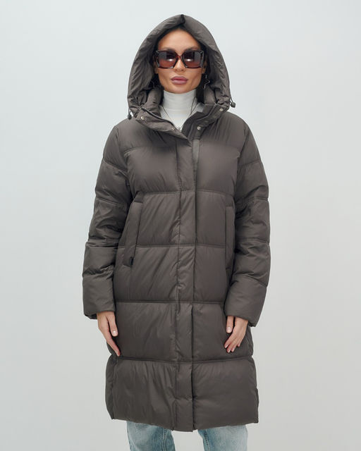 Пальто зимнее утепленное с капюшоном женское темно-коричневого цвета 7618TK - Visdeer фото 11