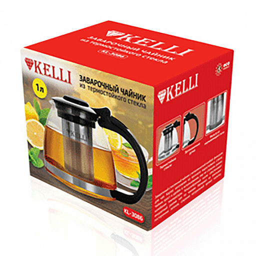 Чайник заварочный "Kelli" 1л, из термостойкого стекла, фильтр из нержавеющей стали, пластиковая крышка, эргономичная ручка (Китай) Можно мыть в посудомоечной машине
