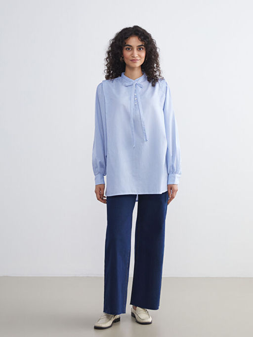 Ba?lamal? Yaka ?izgili Oversize Kad?n G?mlek Tunik