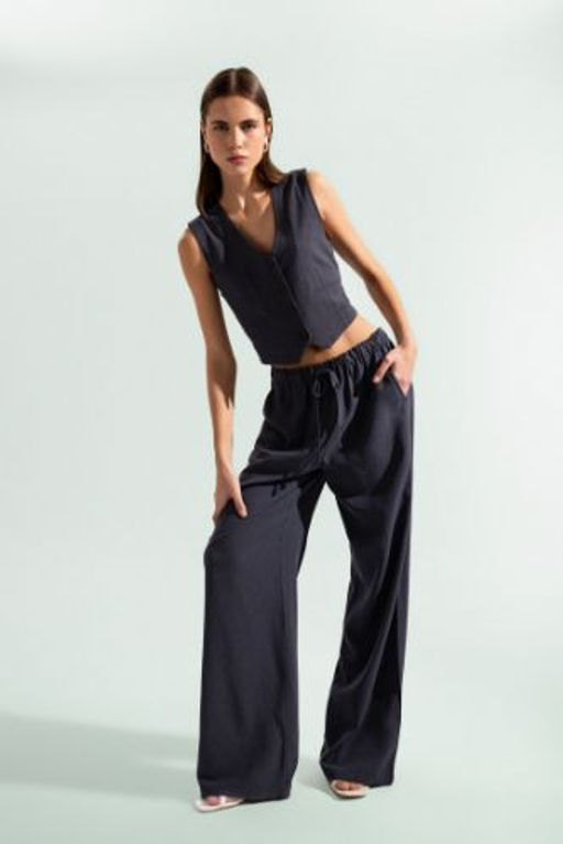 Wide Leg Genis Bol Paca Uc Cepli Normal Bel Basic Duz Standart Boy Keten Kar?s?ml? Pantolon