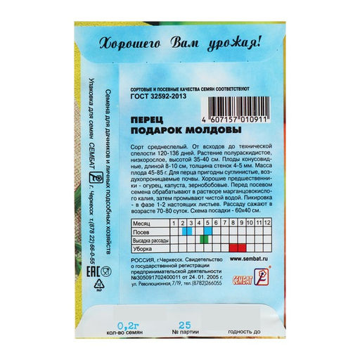 Цена за 5 шт. Семена Перец сладкий "Подарок Молдовы", 0,2 г