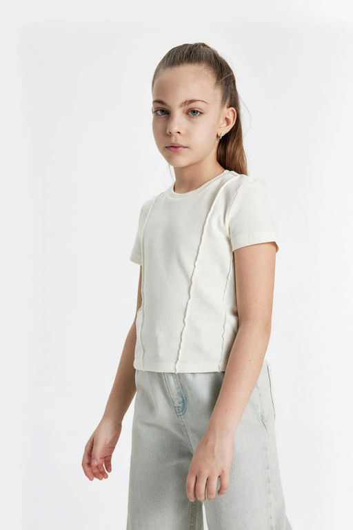 Облегающая футболка в рубчик с короткими рукавами для девочек - Defacto фото 5
