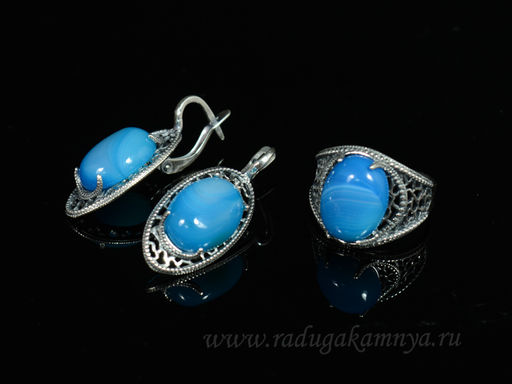 Кольцо Серьги с агатом тонированным цв.синий размер 20