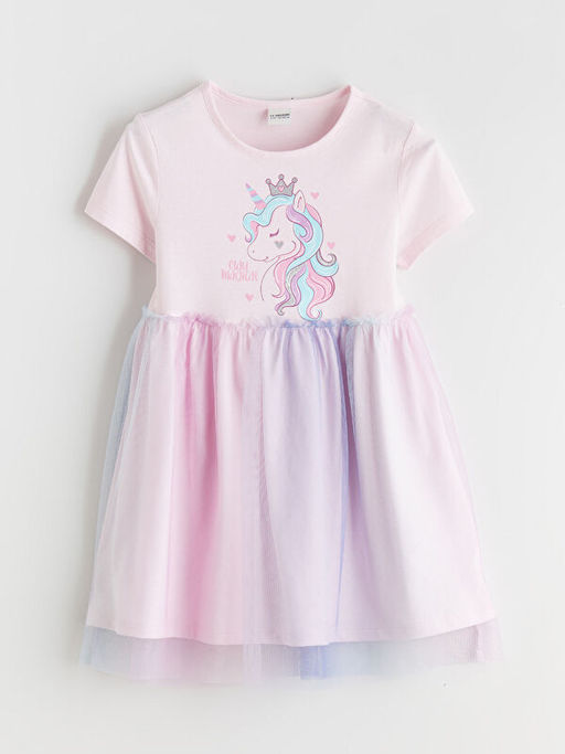 Bisiklet Yaka Bask?l? K?z ?ocuk Prenses Elbisesi