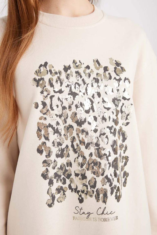 Тонкий свитшот-туника с круглым вырезом и принтом Relax Fit, подкладка из мягкого меха - Defacto фото 5