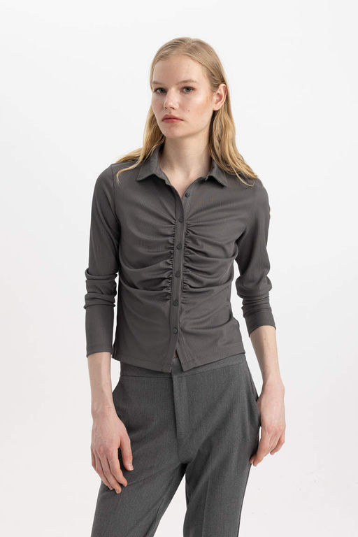 Облегающая футболка с воротником-поло в рубчик и длинными рукавами - Defacto фото 4