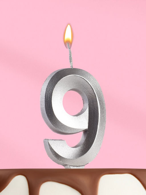 Цена за 3 шт. Свеча в торт «Цифра 9», серебряная, 6.5 см