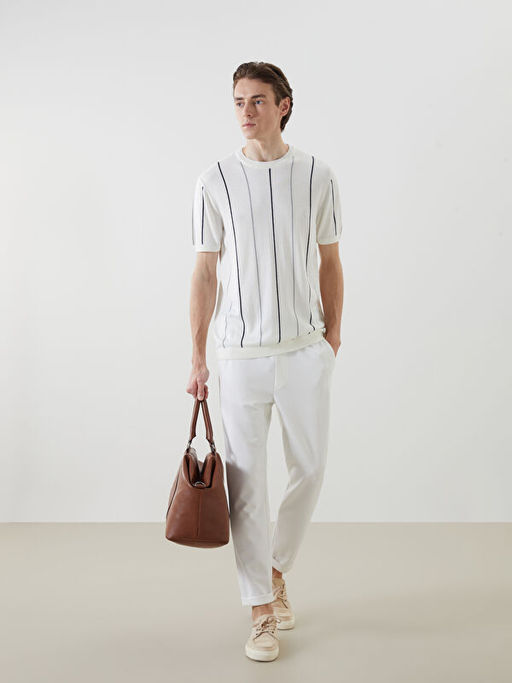 Bisiklet Yaka K?sa Kollu ?izgili Erkek Triko Kazak