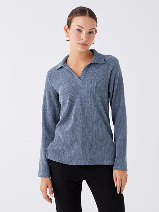 Polo Yaka D?z Uzun Kollu Kad?n Ti??rt