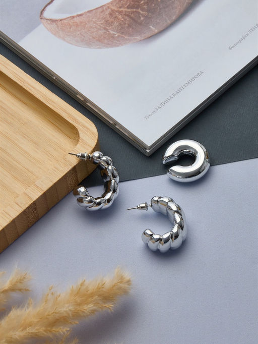 Серьги и каффы QF Плетённый бублик, набор, цвет серебро  фото 4