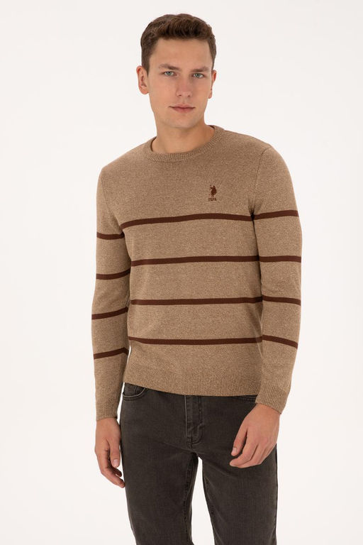 Erkek Slim Fit Bisiklet Yaka Haki Kazak