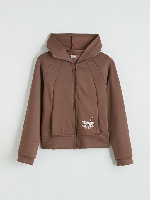 Kap??onlu Bask?l? K?z ?ocuk Fermuarl? Sweatshirt