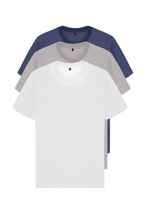 Gri-Ekru-Indigo Slim/Dar Kesim Bisiklet Yaka Basic %100 Pamuklu 3l_ Paket T-Shirt TMNSS19BO0007 - Trendyolmilla фото 2